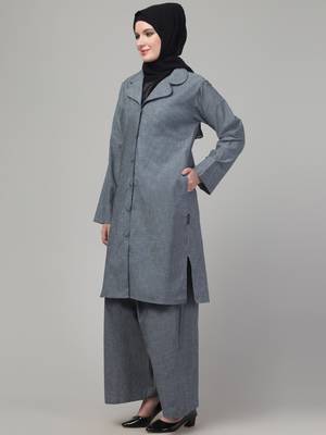 Grey plain cotton abaya cordset with hijab 4