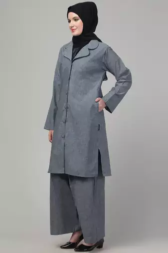 Grey plain cotton abaya cordset with hijab