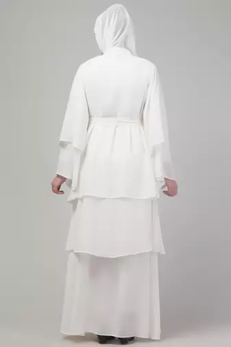 White 3 layers bell sleeves flare abaya with hijab