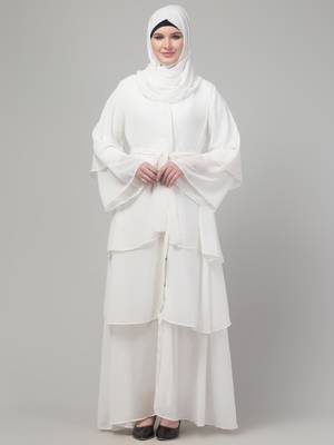 White 3 layers bell sleeves flare abaya with hijab 1