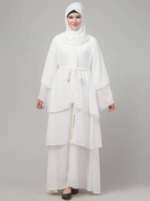 White 3 layers bell sleeves flare abaya with hijab 3