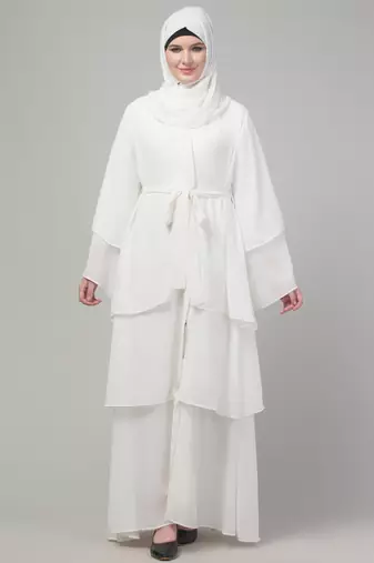 White 3 layers bell sleeves flare abaya with hijab
