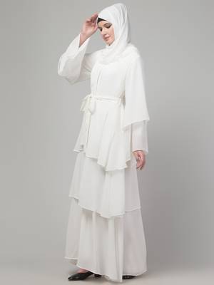 White 3 layers bell sleeves flare abaya with hijab 4