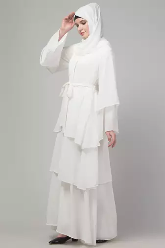 White 3 layers bell sleeves flare abaya with hijab