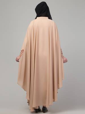 Beige threads embroiderey irani kaftan abaya with embroidered hijab 2