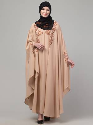Beige threads embroiderey irani kaftan abaya with embroidered hijab 1