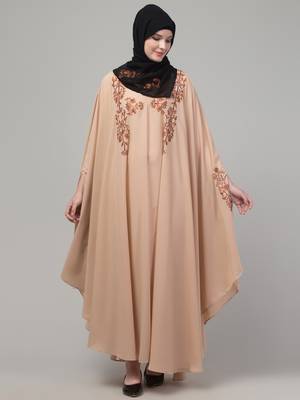 Beige threads embroiderey irani kaftan abaya with embroidered hijab 3