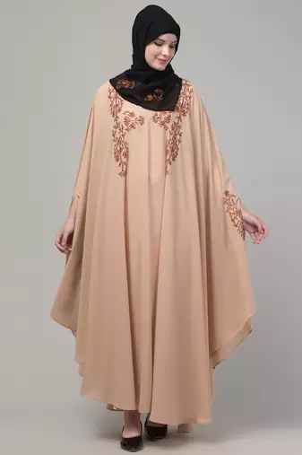 Beige threads embroiderey irani kaftan abaya with embroidered hijab