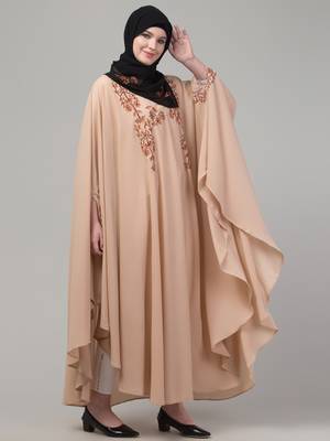 Beige threads embroiderey irani kaftan abaya with embroidered hijab 4
