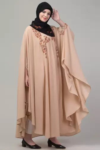 Beige threads embroiderey irani kaftan abaya with embroidered hijab
