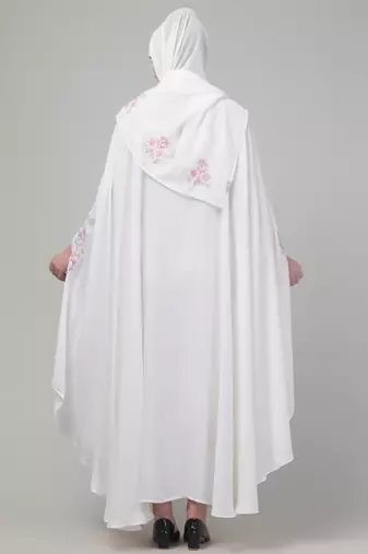 White threads embroiderey irani kaftan abaya with embroidered hijab