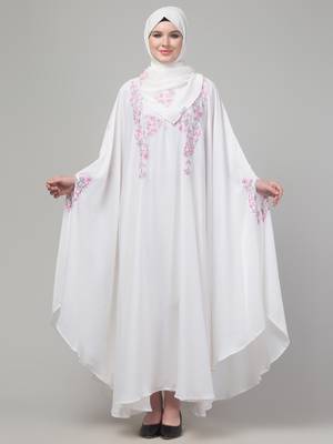 White threads embroiderey irani kaftan abaya with embroidered hijab 1