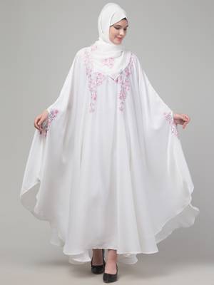 White threads embroiderey irani kaftan abaya with embroidered hijab 3