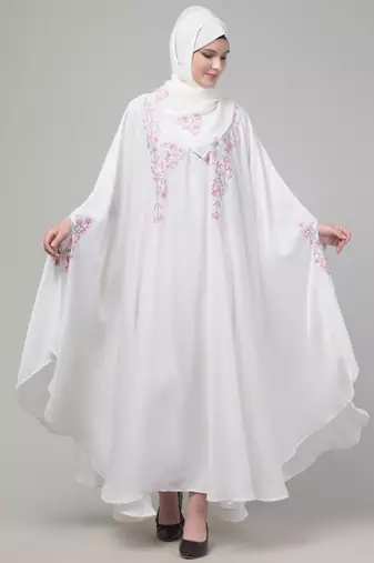 White threads embroiderey irani kaftan abaya with embroidered hijab