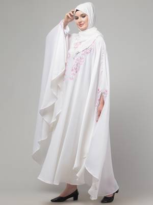 White threads embroiderey irani kaftan abaya with embroidered hijab 4