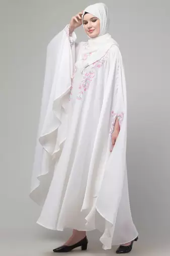 White threads embroiderey irani kaftan abaya with embroidered hijab