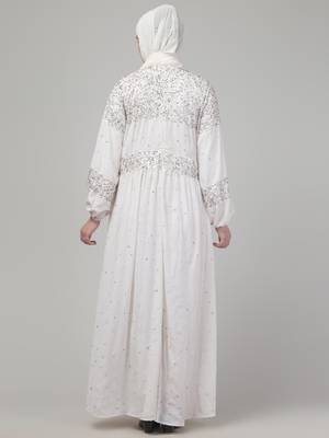 White sequins hand embroidred balloon sleeve abaya with hijab 2