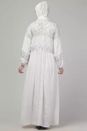 White sequins hand embroidred balloon sleeve abaya with hijab