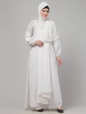 White sequins hand embroidred balloon sleeve abaya with hijab 1