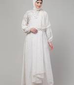 White sequins hand embroidred balloon sleeve abaya with hijab