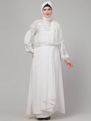White sequins hand embroidred balloon sleeve abaya with hijab 3