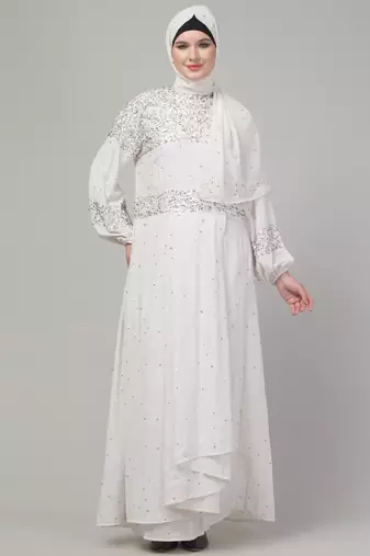White sequins hand embroidred balloon sleeve abaya with hijab