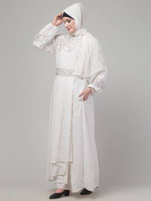 White sequins hand embroidred balloon sleeve abaya with hijab 4
