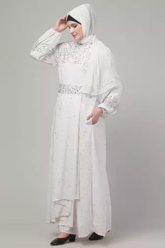 White sequins hand embroidred balloon sleeve abaya with hijab