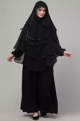 Black layers satin tape abaya khimer set