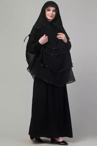 Black layers satin tape abaya khimer set