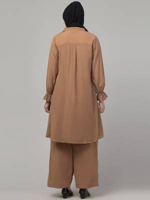 Beige elastic sleeves pleats modest abaya cord set 2