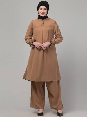 Beige elastic sleeves pleats modest abaya cord set 1