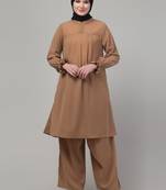 Beige elastic sleeves pleats modest abaya cord set