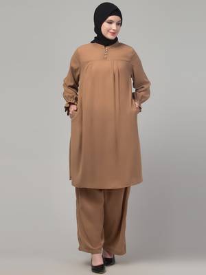 Beige elastic sleeves pleats modest abaya cord set 3