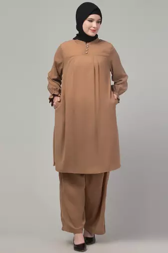 Beige elastic sleeves pleats modest abaya cord set