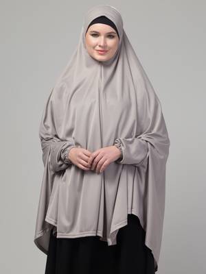 Grey stretchable knee length jilbab cum prayer khimer hijab 1