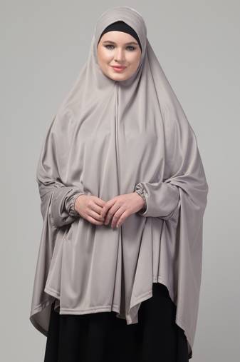Grey stretchable knee length jilbab cum prayer khimer hijab