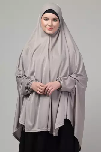 Grey stretchable knee length jilbab cum prayer khimer hijab