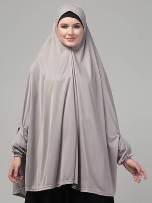Grey stretchable knee length jilbab cum prayer khimer hijab 3