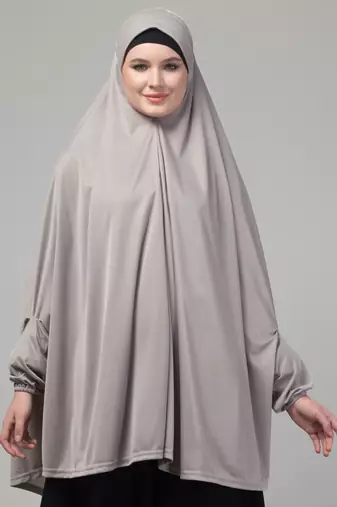 Grey stretchable knee length jilbab cum prayer khimer hijab