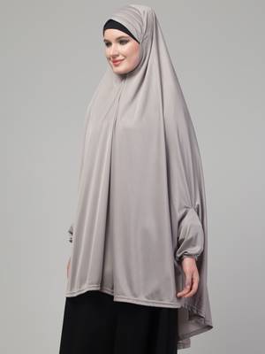 Grey stretchable knee length jilbab cum prayer khimer hijab 4