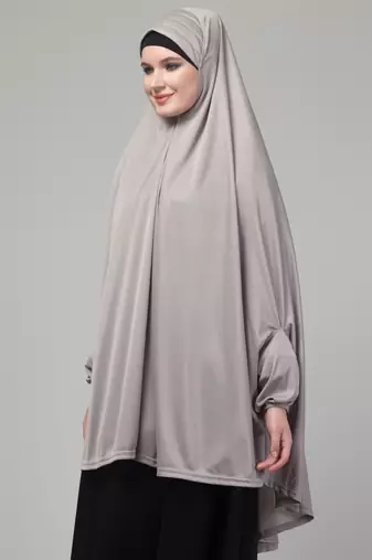 Grey stretchable knee length jilbab cum prayer khimer hijab
