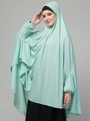Mint green stretchable knee length jilbab cum prayer khimer hijab 4