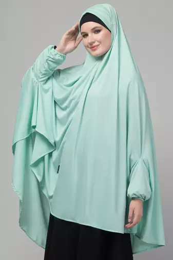 Mint green stretchable knee length jilbab cum prayer khimer hijab