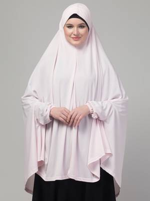 Light pink stretchable knee length jilbab cum prayer khimer hijab 1