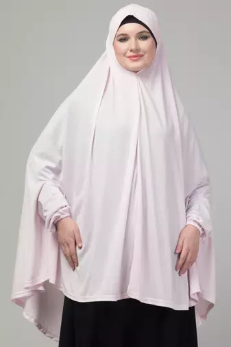 Light pink stretchable knee length jilbab cum prayer khimer hijab