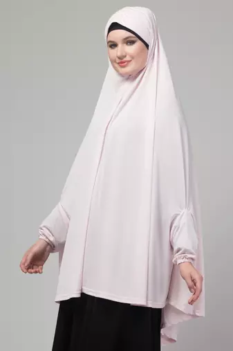 Light pink stretchable knee length jilbab cum prayer khimer hijab