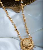 Long Gold & White Beaded Necklace with Laxmi Round Pendant