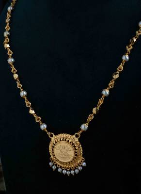 Long Gold & White Beaded Necklace with Laxmi Round Pendant 2