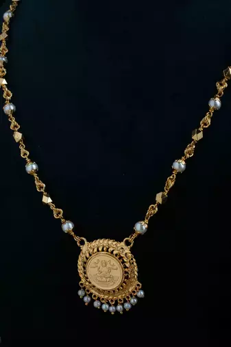 Long Gold & White Beaded Necklace with Laxmi Round Pendant